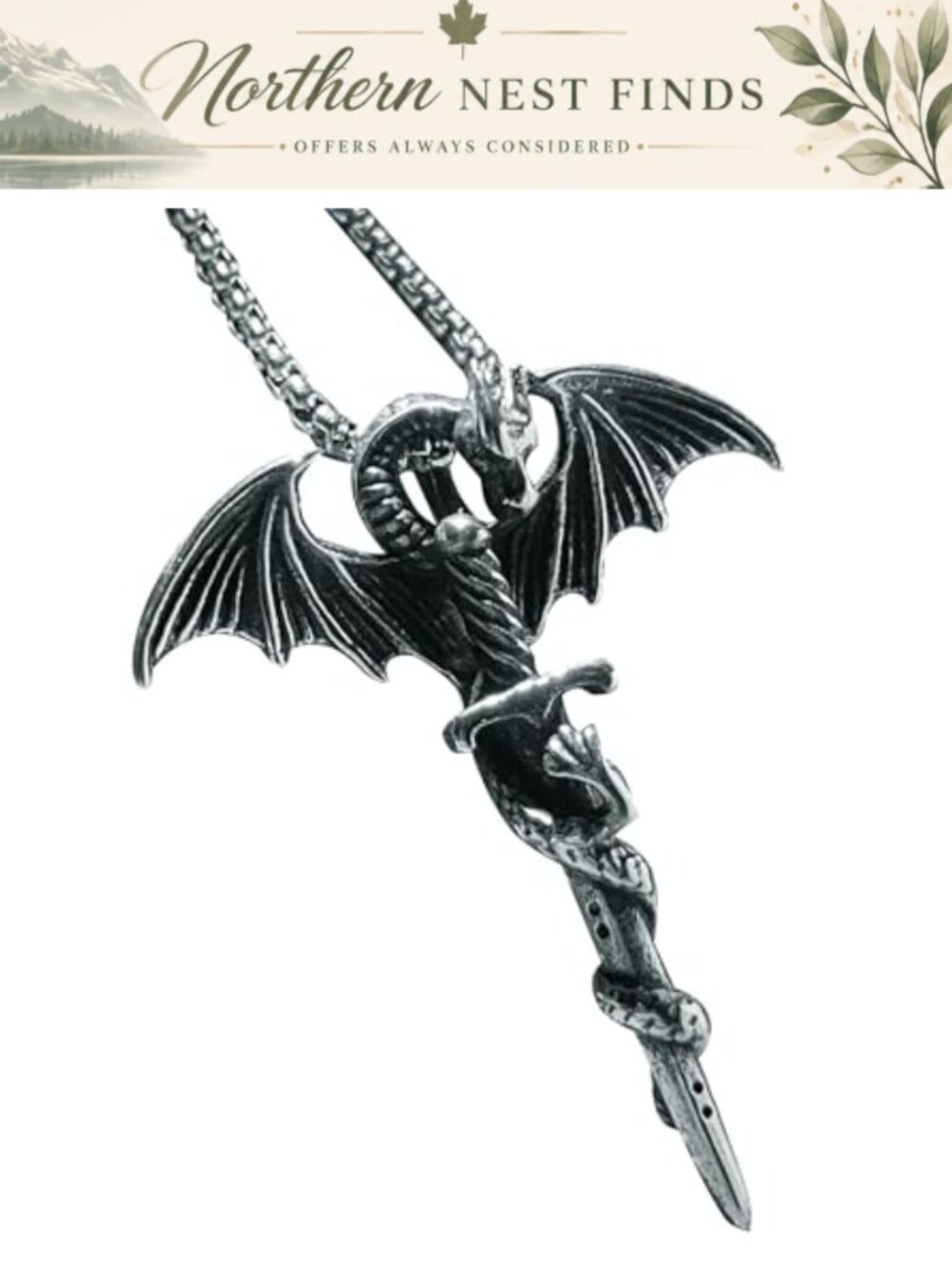 Punk Rock Sword Pendant Necklace Dragon Wings Stainless Steel 25" Chain